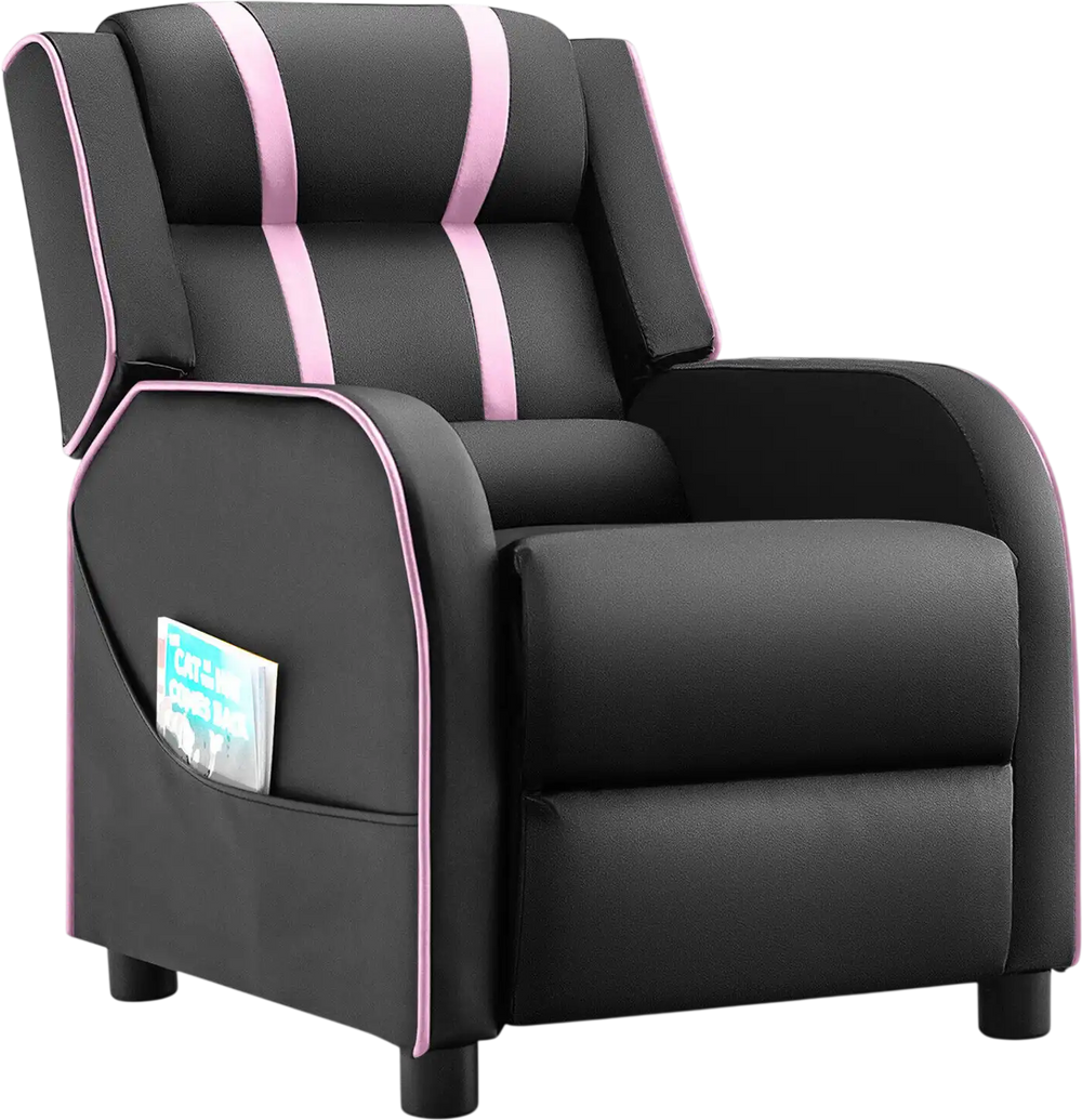 Kids recliner chair in black and pink with adjustable backrest, footrest, and side pockets for storage. Ideal for.