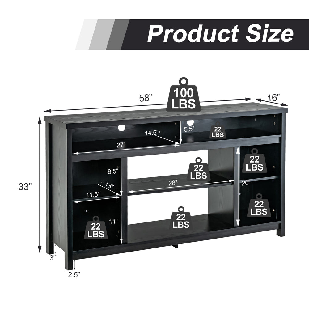 58-inch black TV stand with adjustable shelves, sturdy design, and open compartments for organized storage.