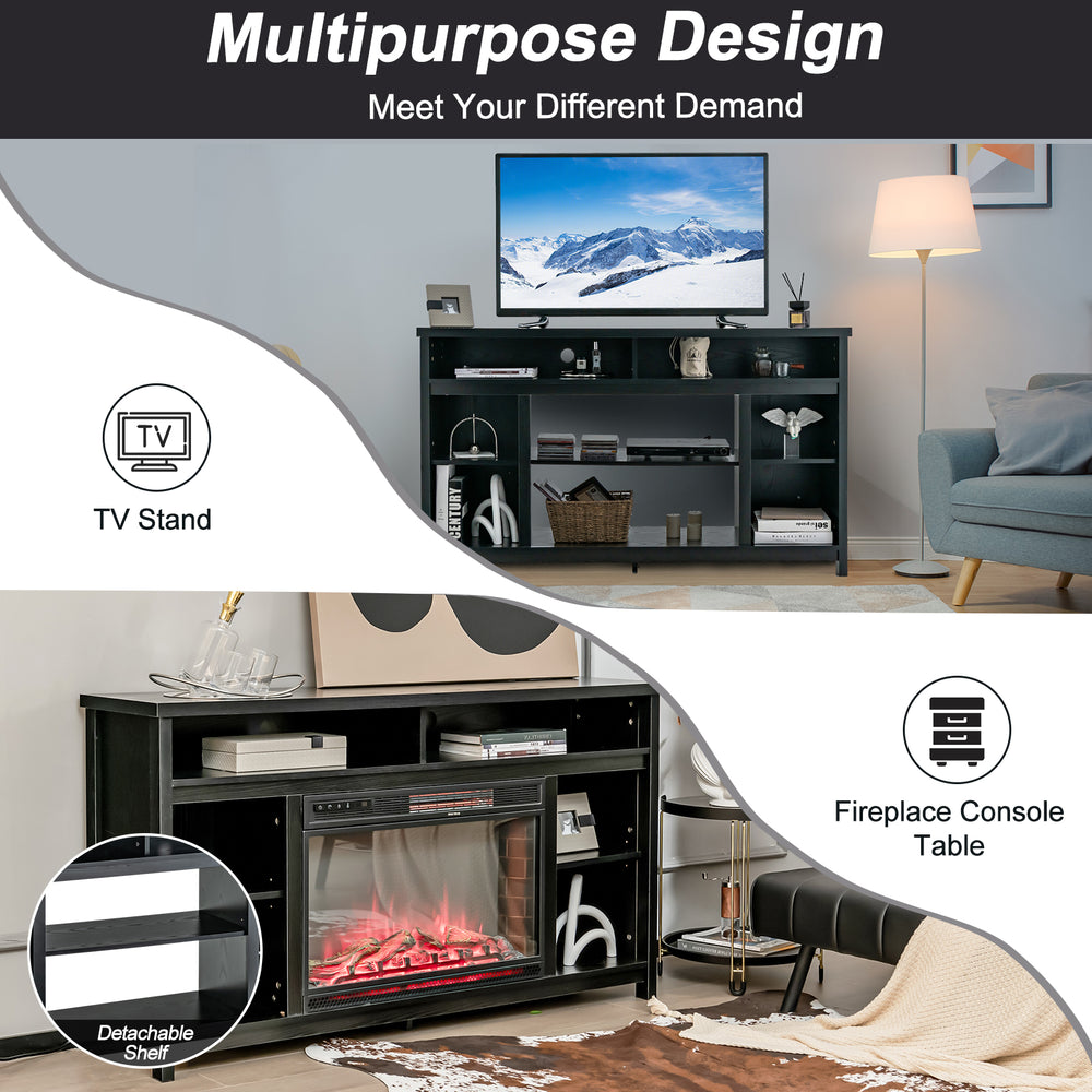 58-inch black TV stand with adjustable shelves, suitable for TVs up to 65", featuring a modern design for versatile use.