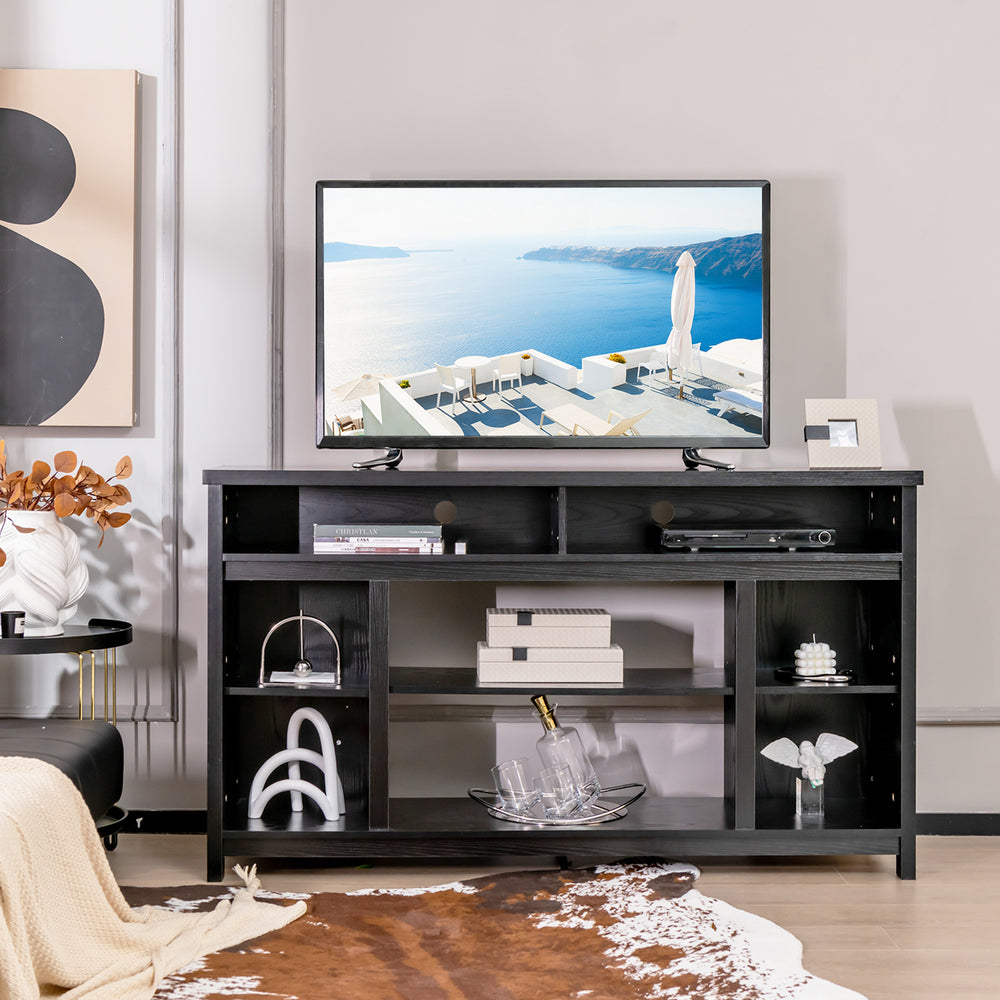 Black 58-inch TV stand with adjustable open shelves, designed for TVs up to 65 inches, ideal for modern living spaces.