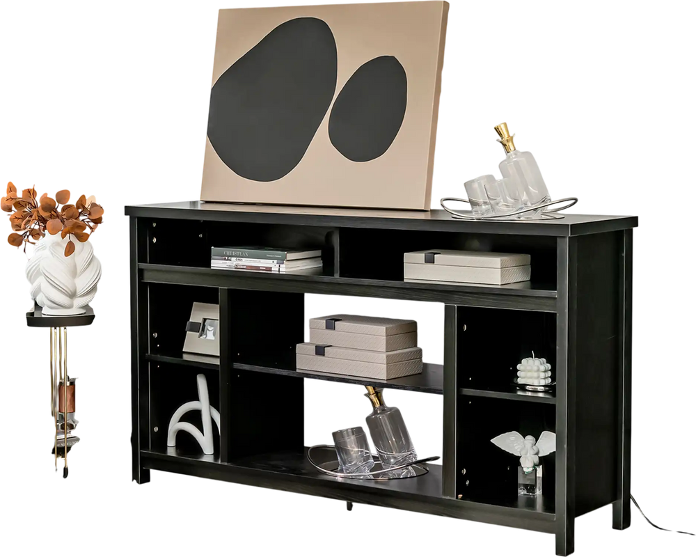 Black 58-inch TV stand with adjustable open shelves, perfect for organizing media and enhancing modern home decor.