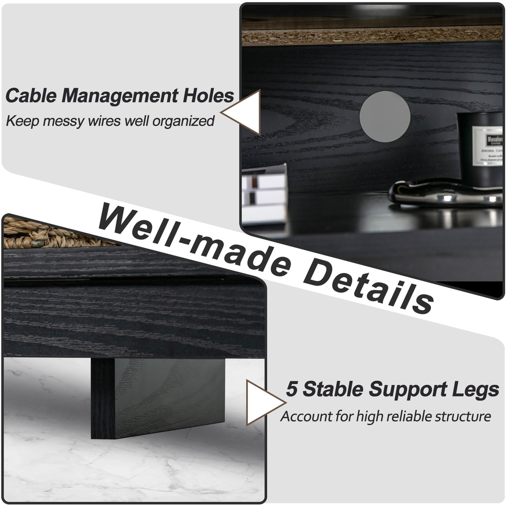 Close-up of cable management holes and stable support legs on a 58-inch black TV stand for organized storage.