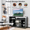 58-inch black TV stand with adjustable open shelves, spacious cabinet top, and modern design for organized.