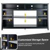 58-inch black TV stand with adjustable shelves, designed for TVs up to 65", offering organized storage and modern style.