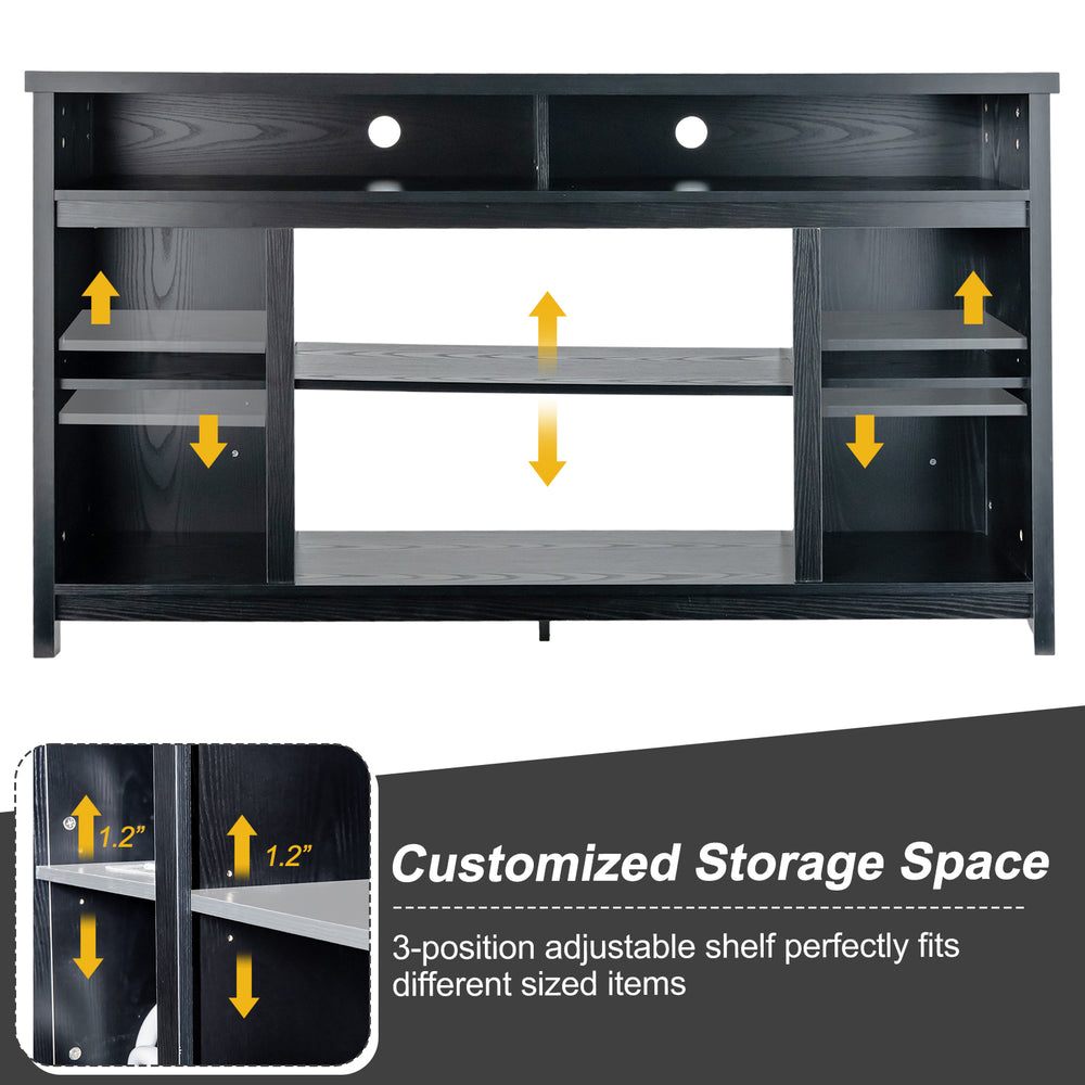58-inch black TV stand with adjustable shelves, designed for TVs up to 65", offering organized storage and modern style.