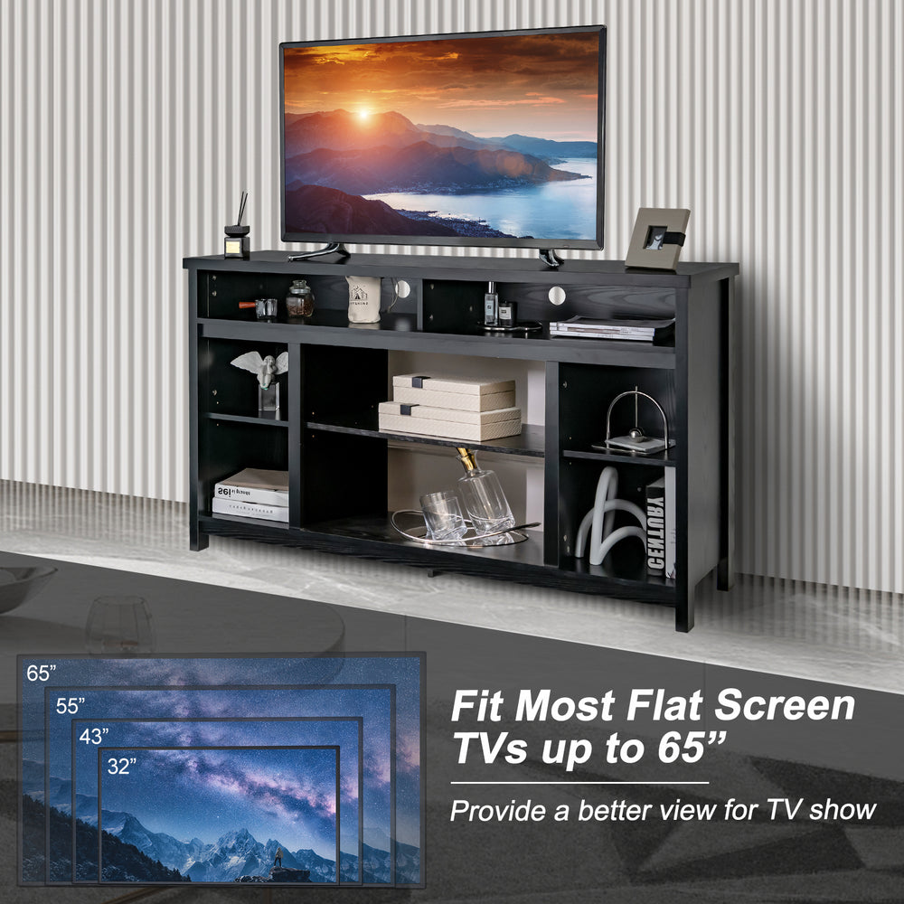 58-inch black TV stand with adjustable shelves, fits TVs up to 65", ideal for organized entertainment storage.