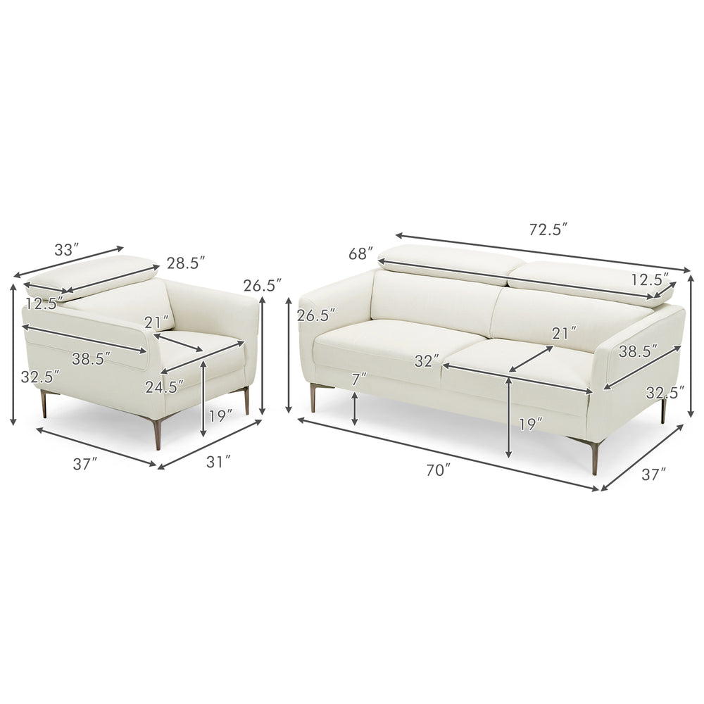 Adjustable headrest modern sofa set in white with dimensions, perfect for small rooms and stylish living spaces.