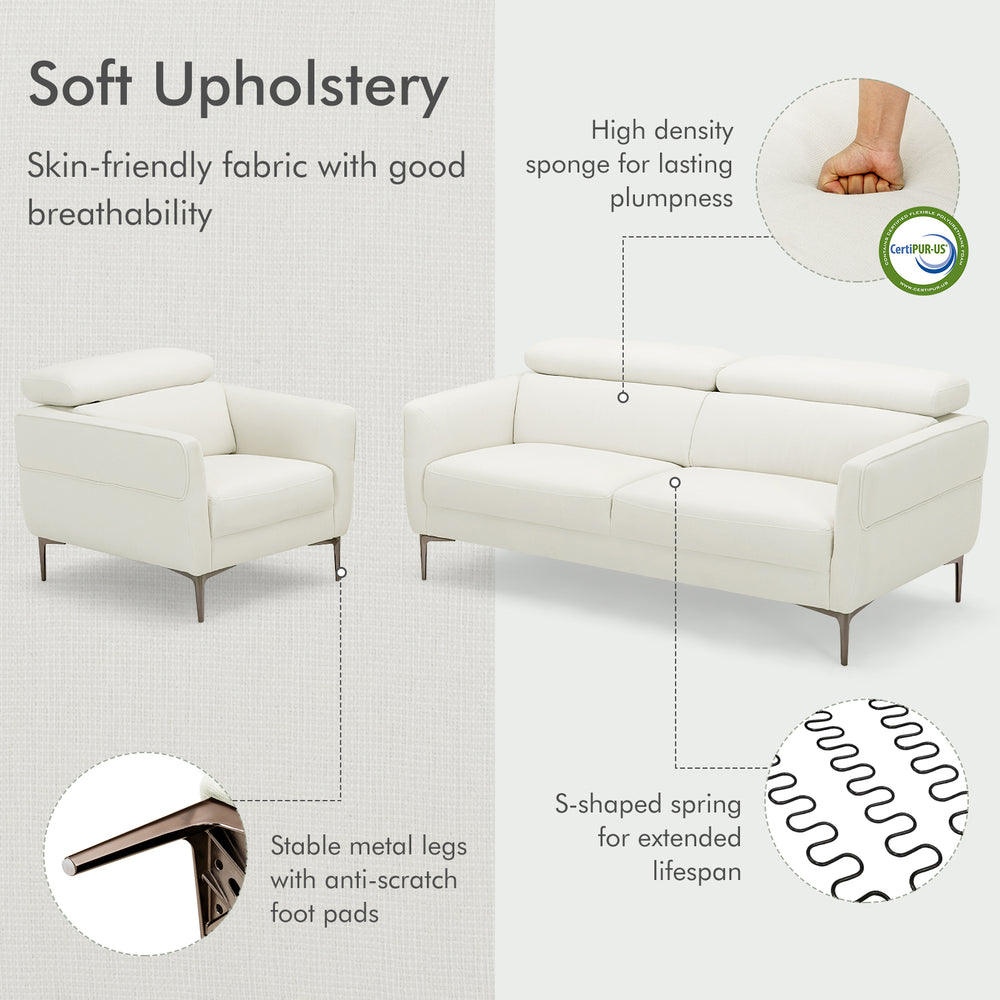 Modern white sofa set featuring adjustable headrests and soft, breathable upholstery for comfortable seating.