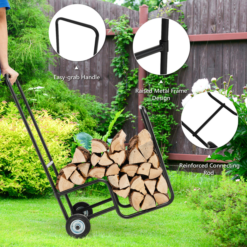 Firewood log cart carrier with raised metal frame and anti-slip wheels, ideal for easy log transport indoors and.