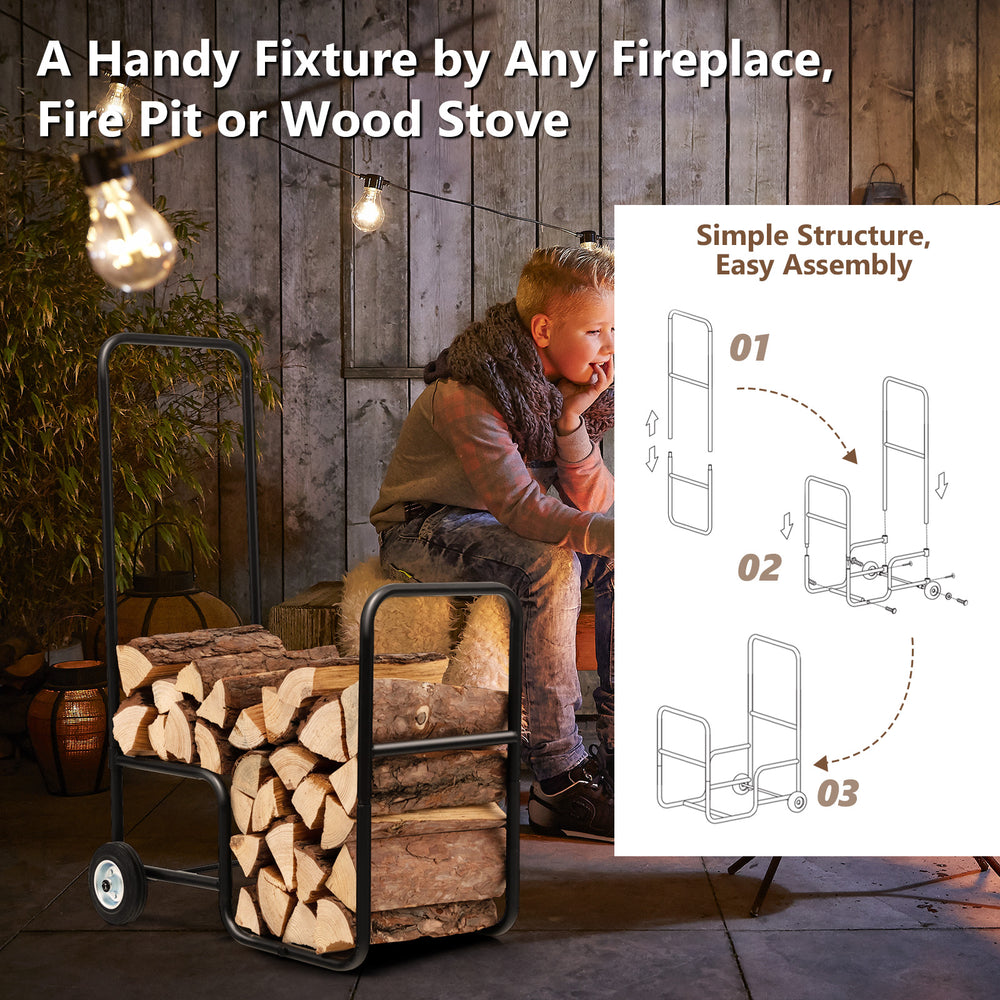 Firewood log cart carrier with sturdy steel frame and wear-resistant wheels, ideal for easy log transport indoors and.