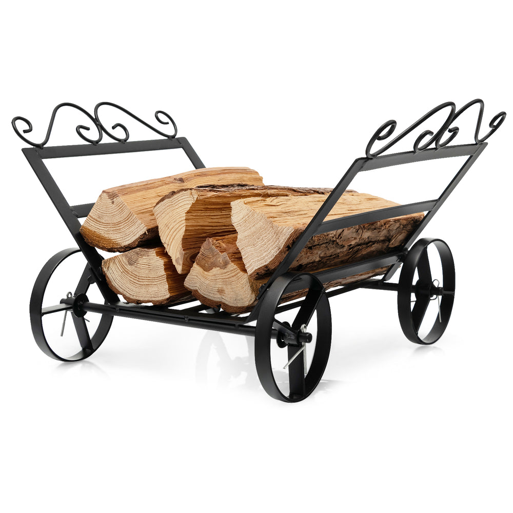 Compact decorative firewood rack with wheels, made of rustproof steel, ideal for indoor and outdoor use.