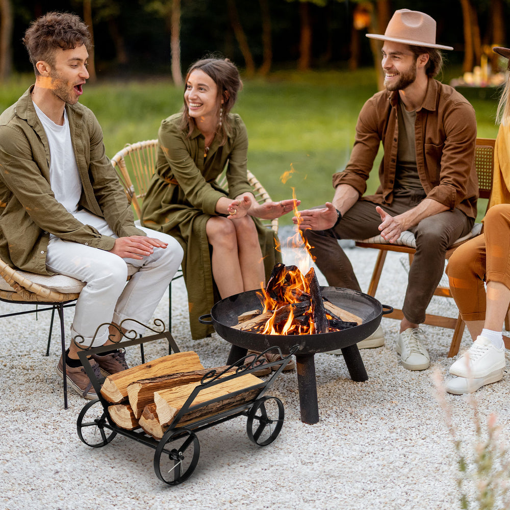 Compact firewood rack with wheels in rustproof steel, ideal for elegant indoor or outdoor firewood storage.