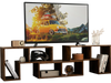 L-shaped and rectangular shelves of a brown console TV stand for TVs up to 65 inches, ideal for living room storage.