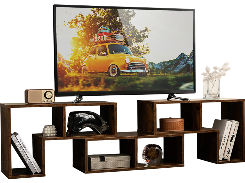 L-shaped and rectangular shelves of a brown console TV stand for TVs up to 65 inches, ideal for living room storage.