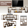 L-shaped and rectangular shelves of a brown console TV stand for TVs up to 65", ideal for living room or bedroom.