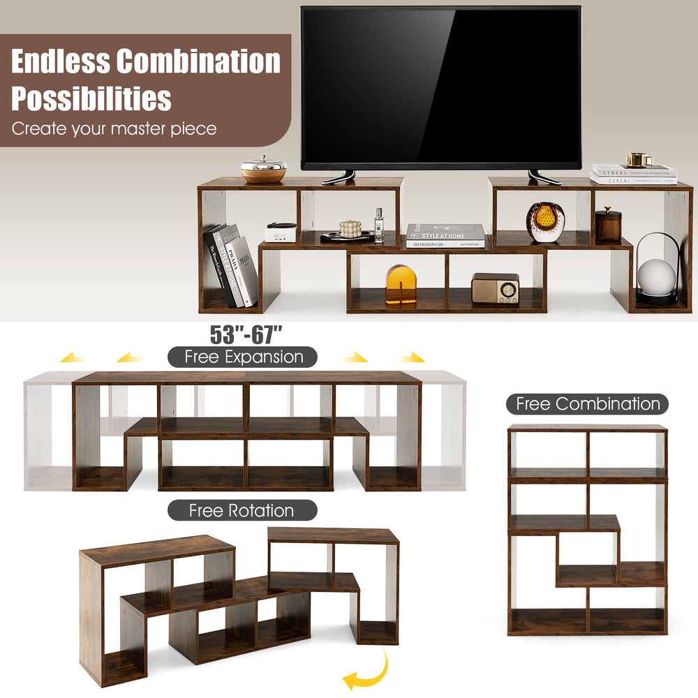 L-shaped and rectangular shelves of a brown console TV stand for TVs up to 65", ideal for living room or bedroom.