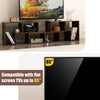 Brown 3-piece console TV stand with spacious tabletop for TVs up to 65 inches and 6 open compartments for storage.