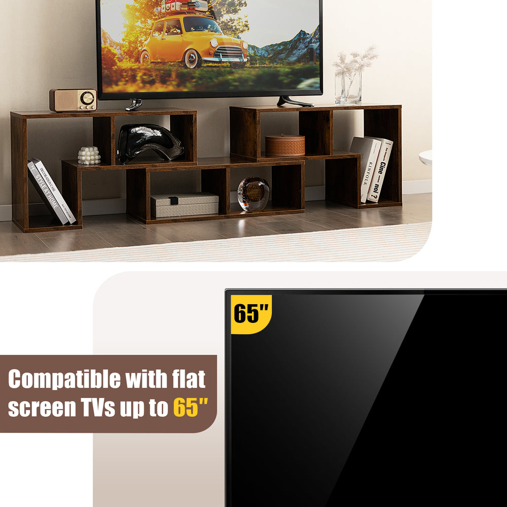Brown 3-piece console TV stand with spacious tabletop for TVs up to 65 inches and 6 open compartments for storage.