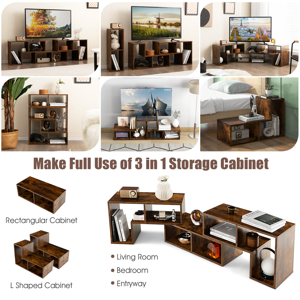 L-shaped and rectangular shelves of a 3-piece console TV stand in brown, perfect for TVs up to 65 inches in living.