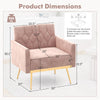 Modern velvet accent chair in pink with button tufted back, golden metal legs, and adjustable foot pads for comfort.
