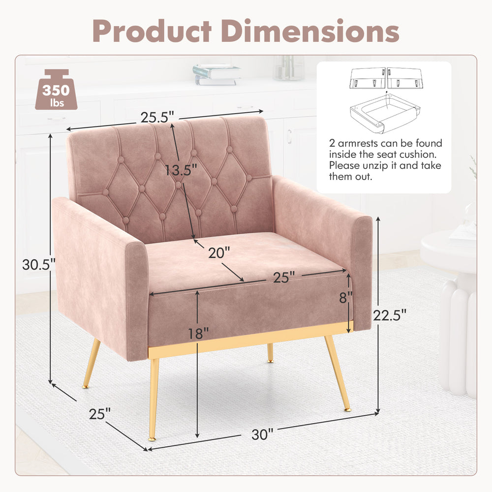 Modern velvet accent chair in pink with button tufted back, golden metal legs, and adjustable foot pads for comfort.
