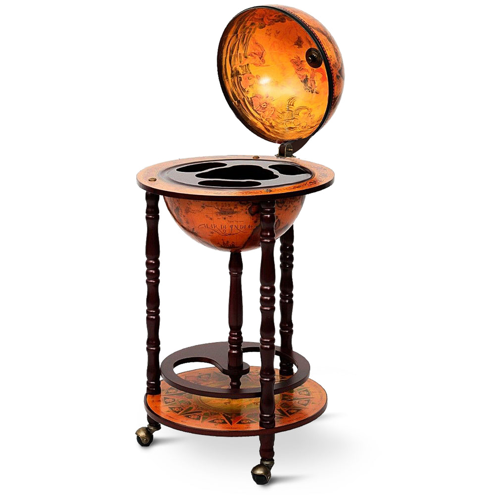 16th Century wood globe wine bar stand with solid wood construction and removable lower shelf for versatile use.