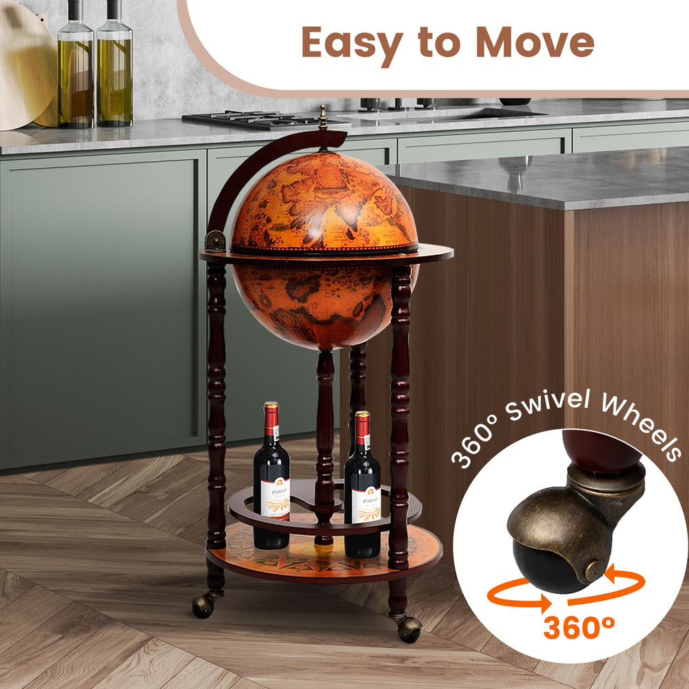 16th Century Wood Globe Wine Bar Stand with 360° swivel wheels and solid wood construction, perfect for entertaining.