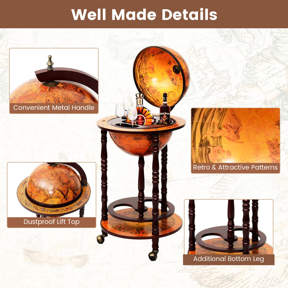 16th Century wood globe wine bar stand with a dustproof lift top, featuring attractive patterns and a convenient metal.