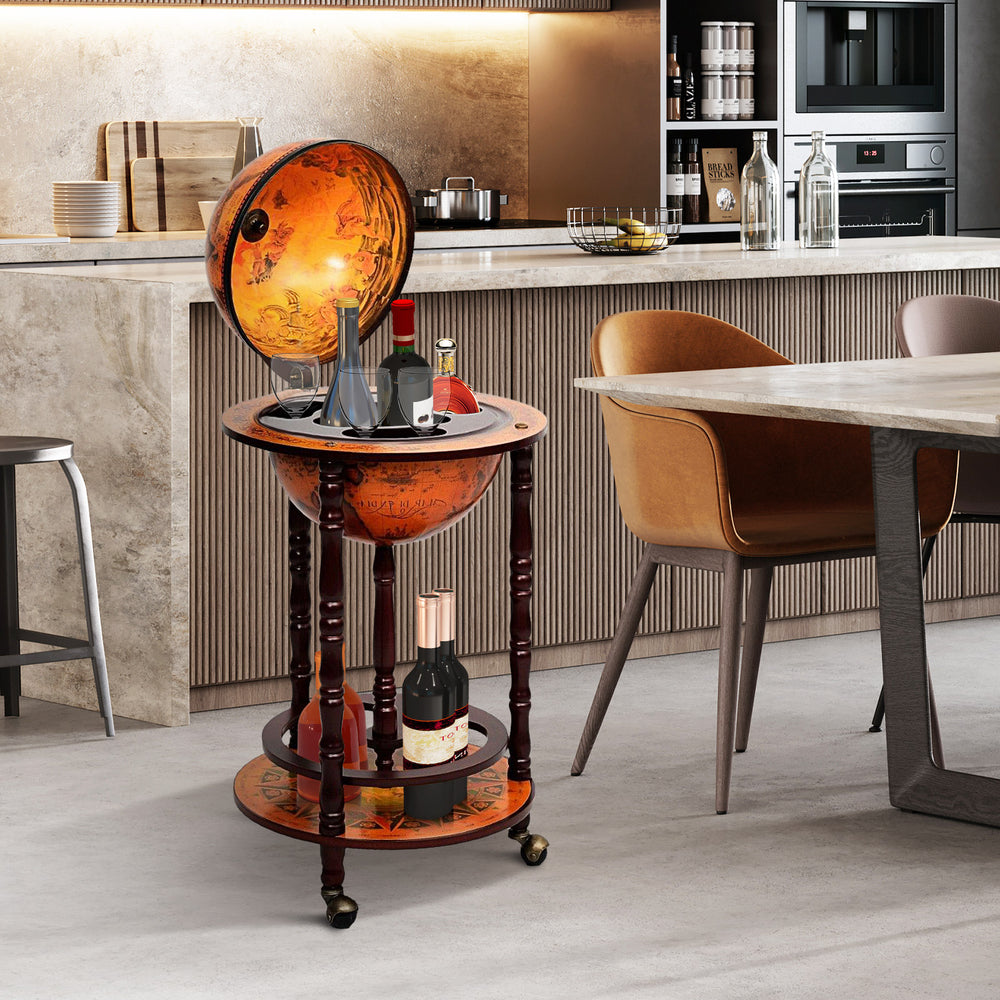 16th Century wood globe wine bar stand with solid wood construction and removable lower shelf for stylish storage.