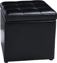 Black foldable cube ottoman pouffe with cushioned top, perfect for storage and organizing toys and accessories.