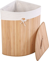 Corner bamboo laundry hamper with removable liner and PU leather handles for easy transport and odor prevention.