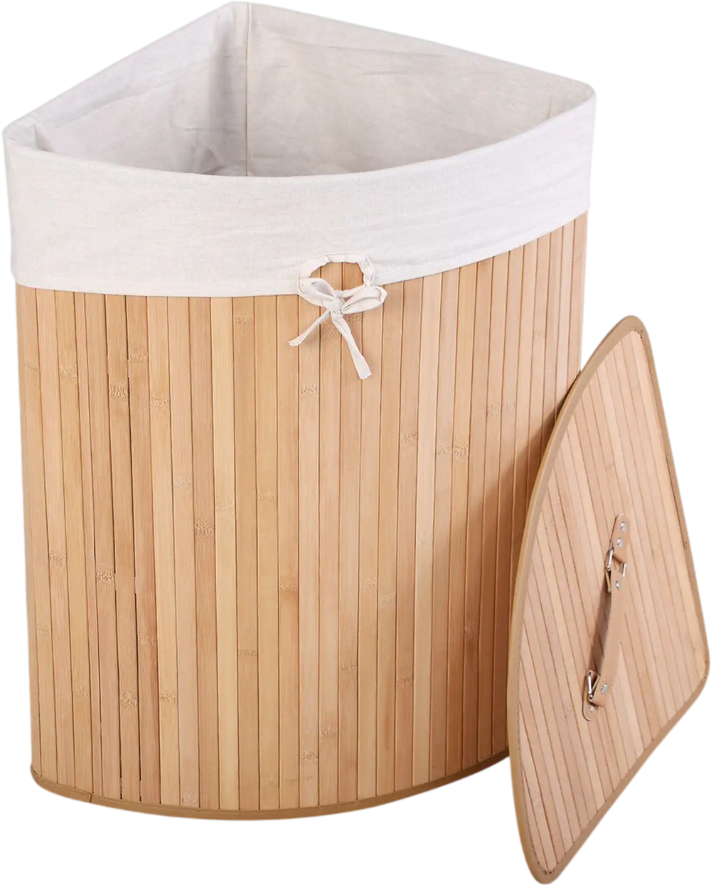 Corner bamboo laundry hamper with removable liner and PU leather handles for easy transport and odor prevention.