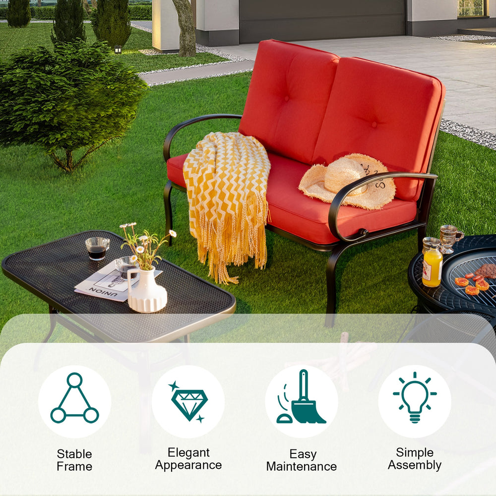 Loveseat with red cushions and coffee table, featuring a stable steel frame, ideal for patio and outdoor relaxation.