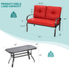 Loveseat with red cushions and coffee table, featuring a durable steel frame, perfect for patio and outdoor relaxation.