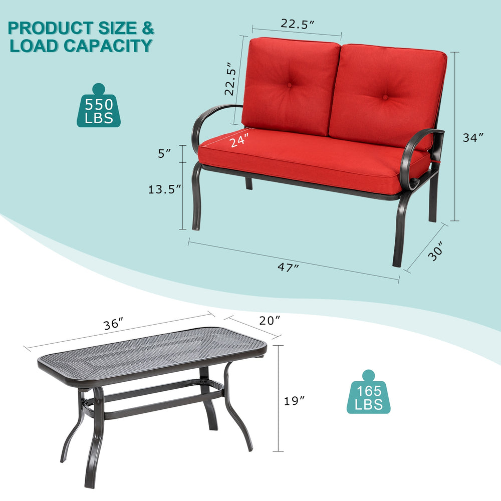 Loveseat with red cushions and coffee table, featuring a durable steel frame, perfect for patio and outdoor relaxation.