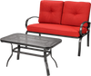 Red cushioned loveseat and coffee table set with durable steel frame, perfect for outdoor patio and garden use.
