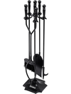 Five-piece fireplace tool set with poker, brush, shovel, and log lifter in black, ideal for indoor or outdoor use.