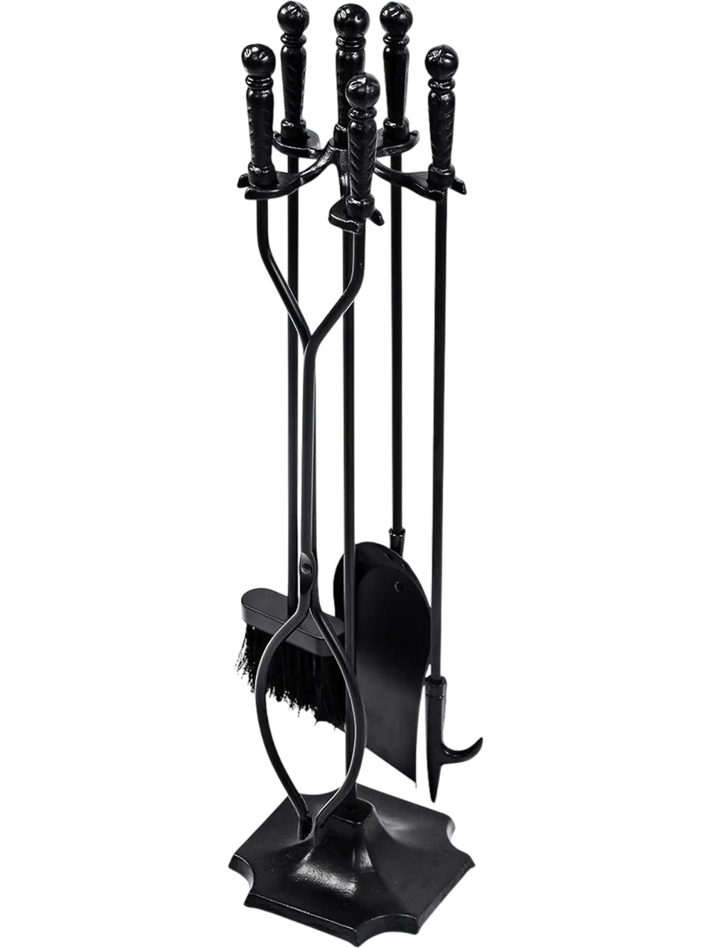Five-piece fireplace tool set with poker, brush, shovel, and log lifter in black, ideal for indoor or outdoor use.