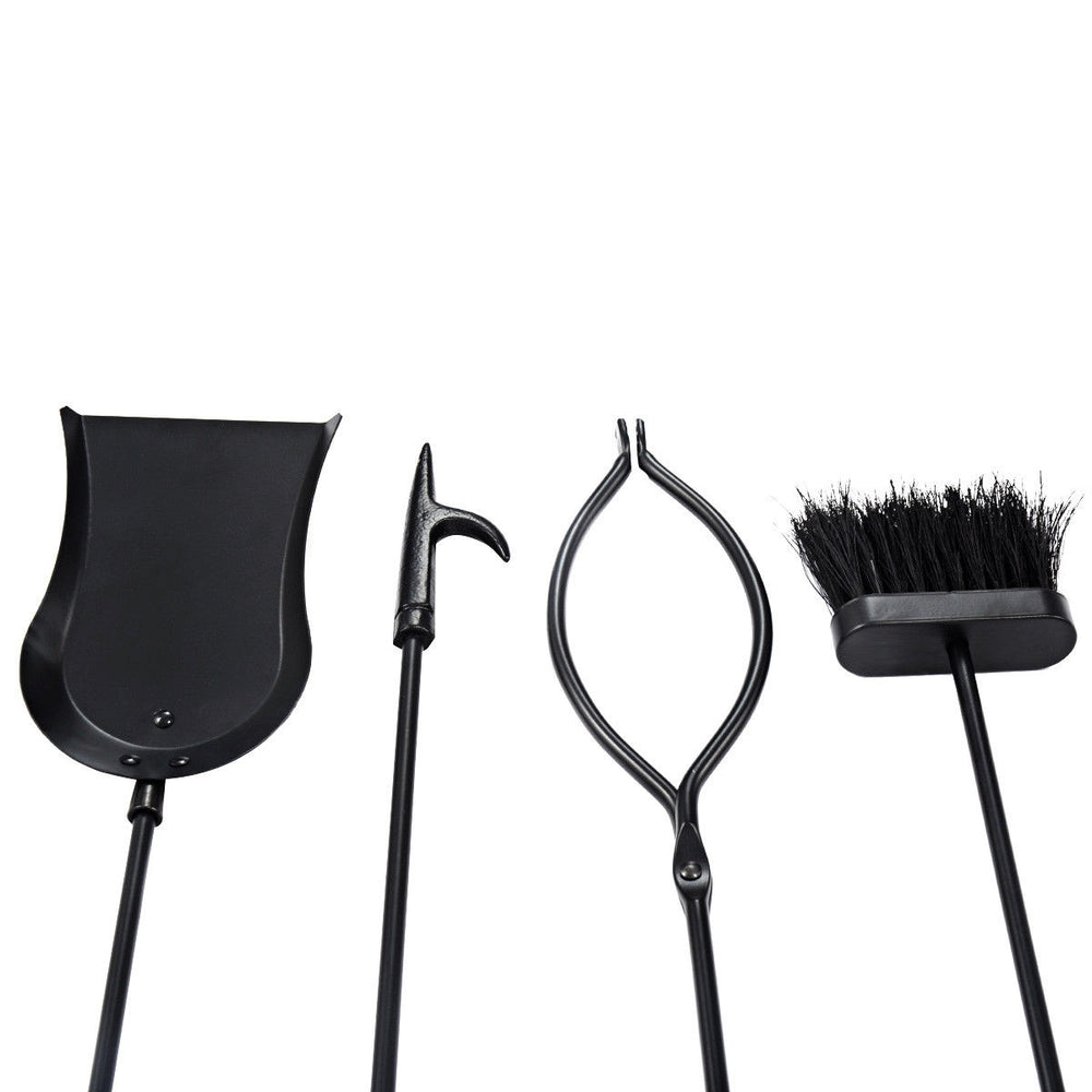 Five-piece fireplace tool set featuring a poker, brush, shovel, and log lifter in durable black metal for indoor or.