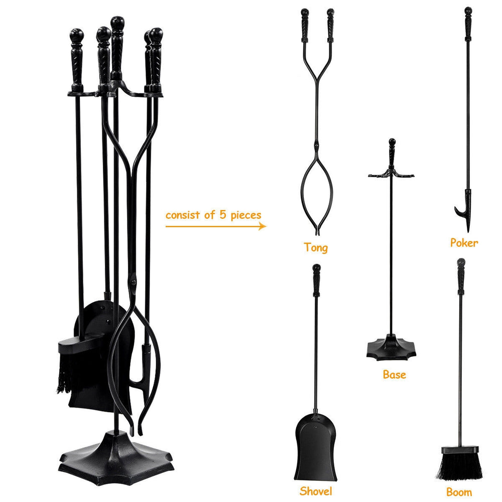 5 pieces fireplace tool set with poker, brush, shovel, and log lifter, featuring a durable metal construction for.