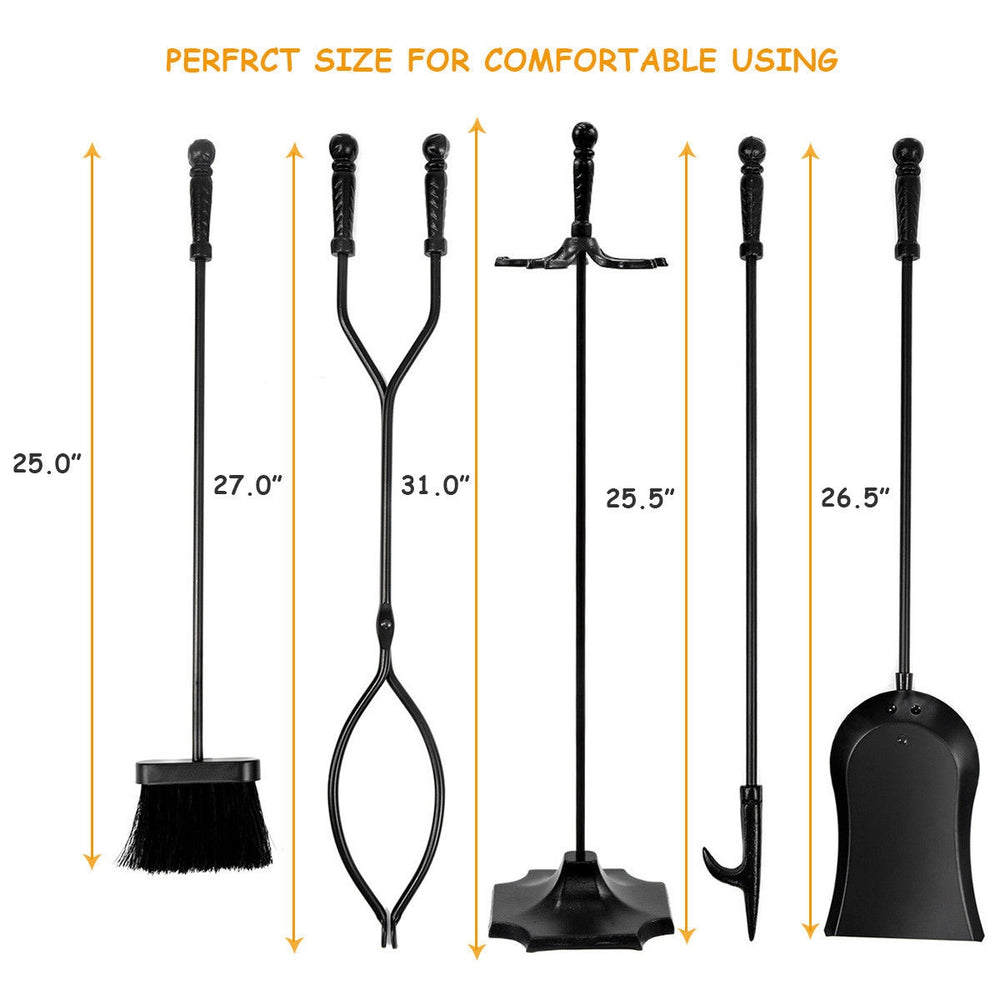 Five-piece fireplace tool set including poker, brush, shovel, and log lifter with a durable powder-coated finish.