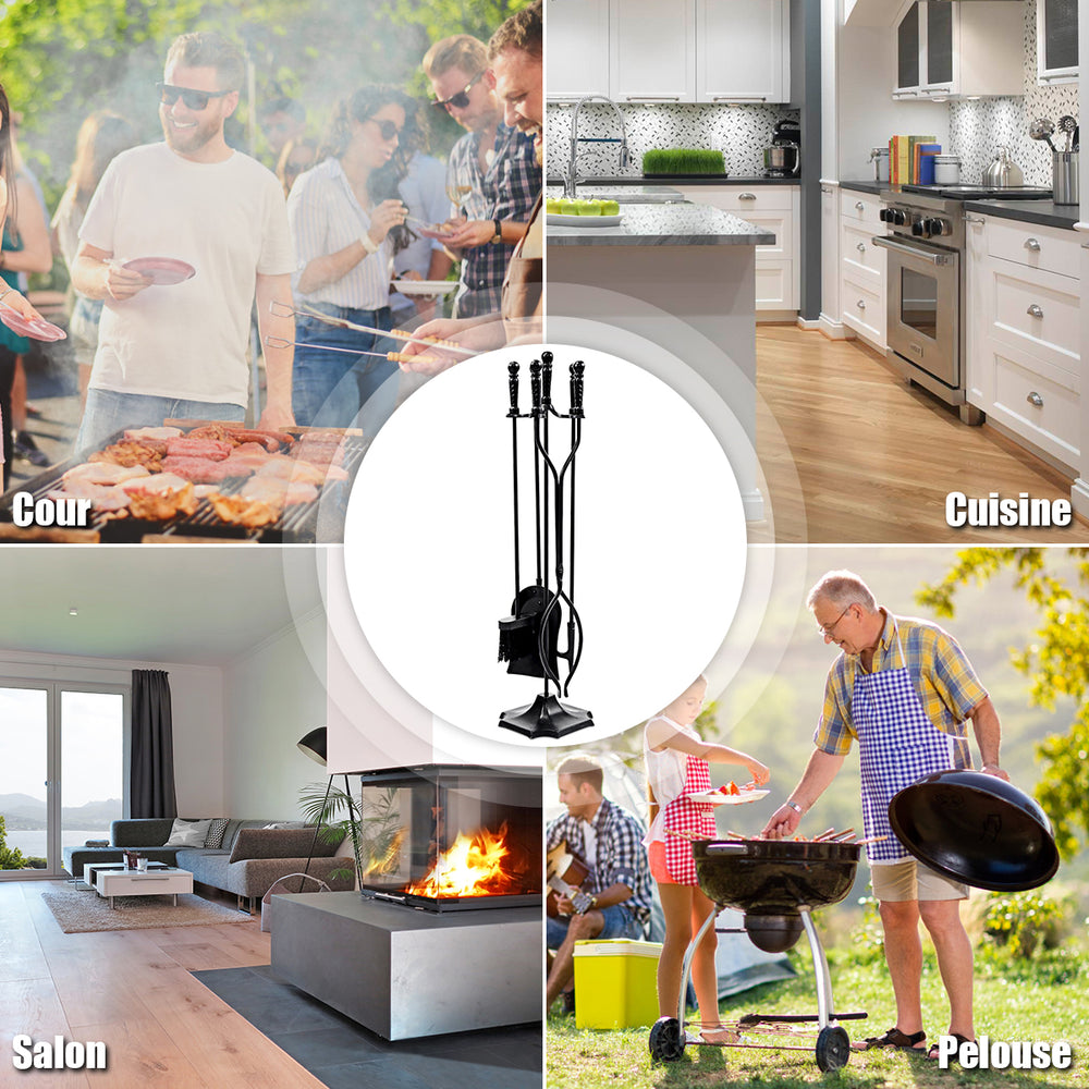 5-piece fireplace tool set with poker, brush, shovel, and log lifter in heavy-duty metal for indoor or outdoor use.