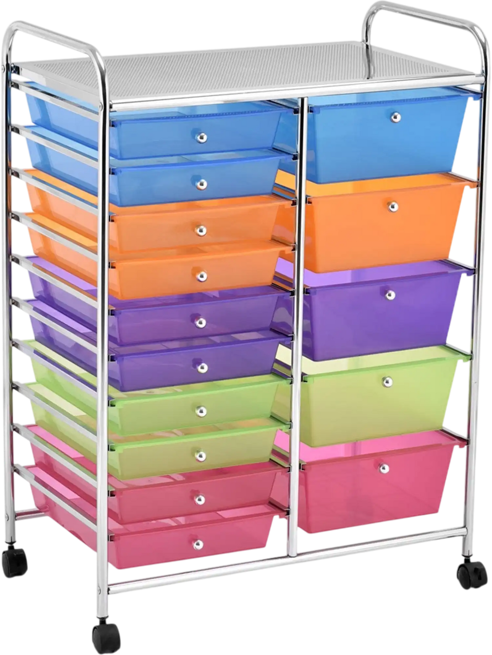 15-drawer rolling storage cart with colorful plastic drawers and metal frame, ideal for home and office organization.