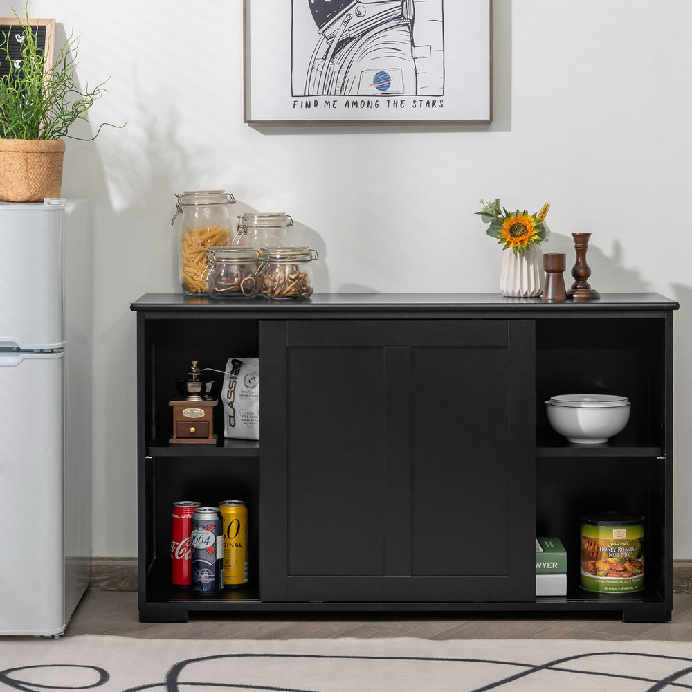 Black kitchen storage cupboard cabinet with sliding doors, featuring spacious top and shelves for organization and.
