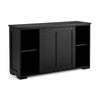 Black kitchen storage cupboard cabinet with sliding doors, featuring spacious top and shelves for efficient.