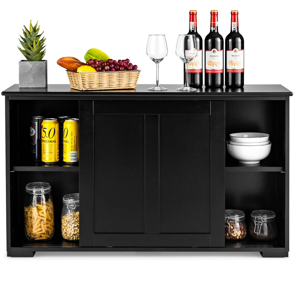 Kitchen storage cupboard cabinet in black with sliding doors, showcasing stylish design and ample space for kitchen.