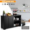 Black kitchen storage cupboard cabinet with sliding doors, spacious top, and adjustable shelves for organized storage.