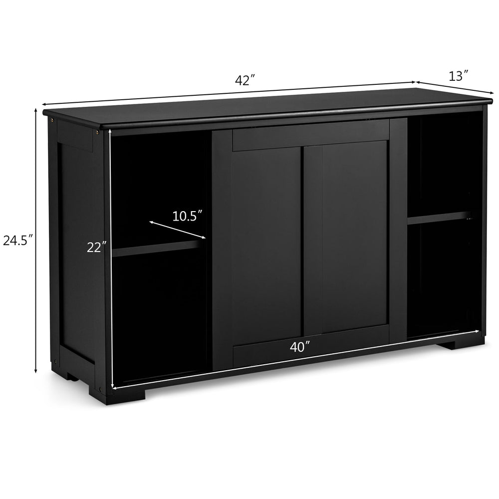 Black kitchen storage cupboard cabinet with sliding doors, featuring two shelves and a spacious top for display and.