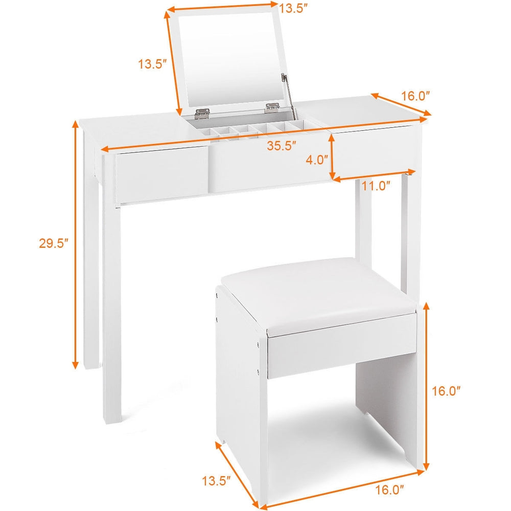 Vanity makeup dressing table set in white with flip-top mirror and cushioned stool, featuring ample storage space.