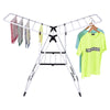 Portable laundry drying rack with adjustable wings, made of rust-proof steel and sturdy plastic, ideal for space-saving.